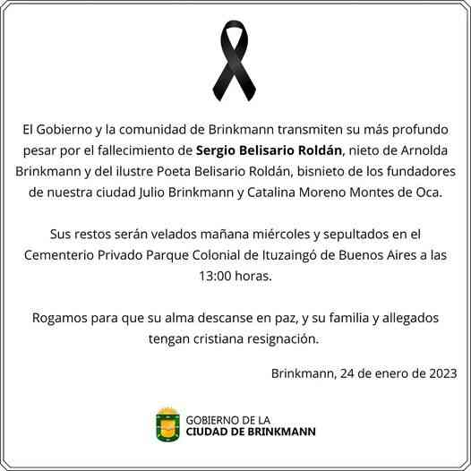 Gobierno Municipal expresó condolencias por fallecimiento de Sergio Belisario Roldán