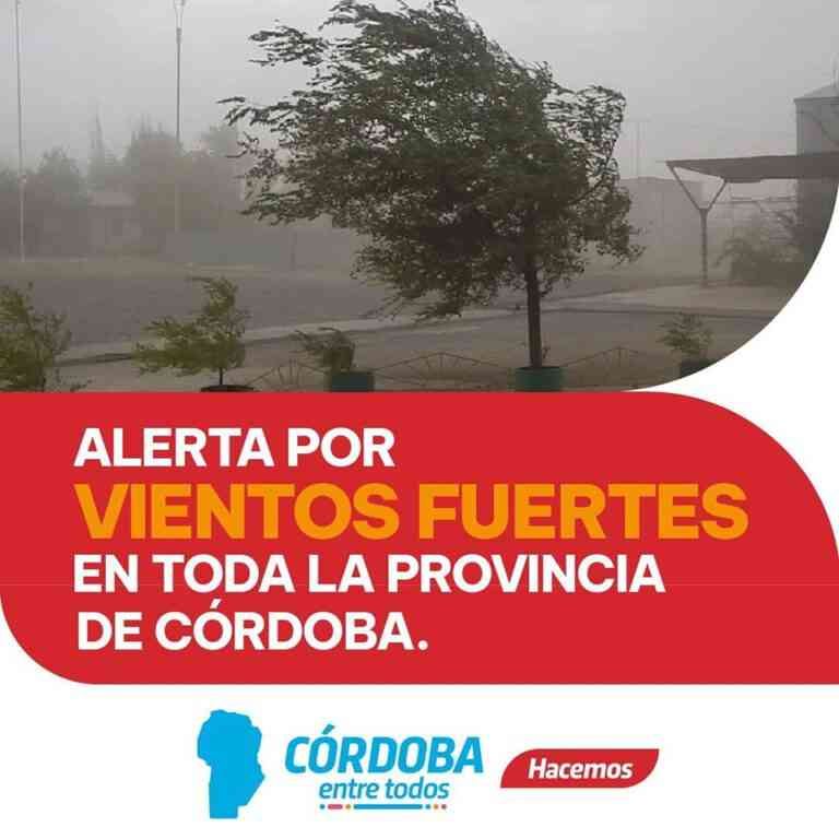 Alerta por fuertes vientos en la Provincia de Córdoba